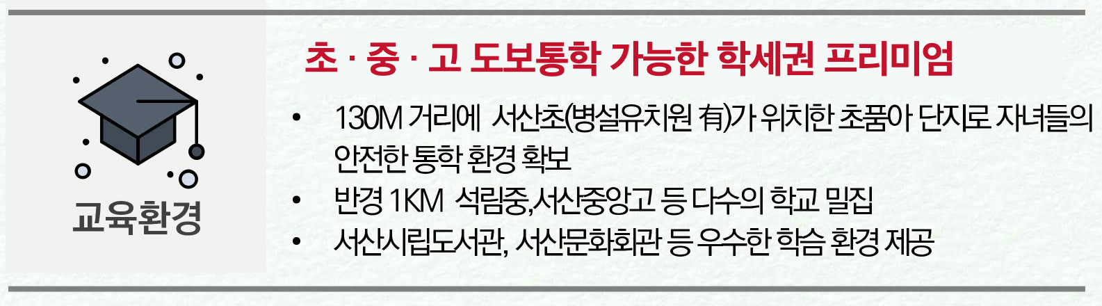 이안 스카이원 서산 교육환경 — 130m 거리 서산초(병설유치원), 반경 1km 석림중·서산중앙고, 서산시립도서관·서산문화회관